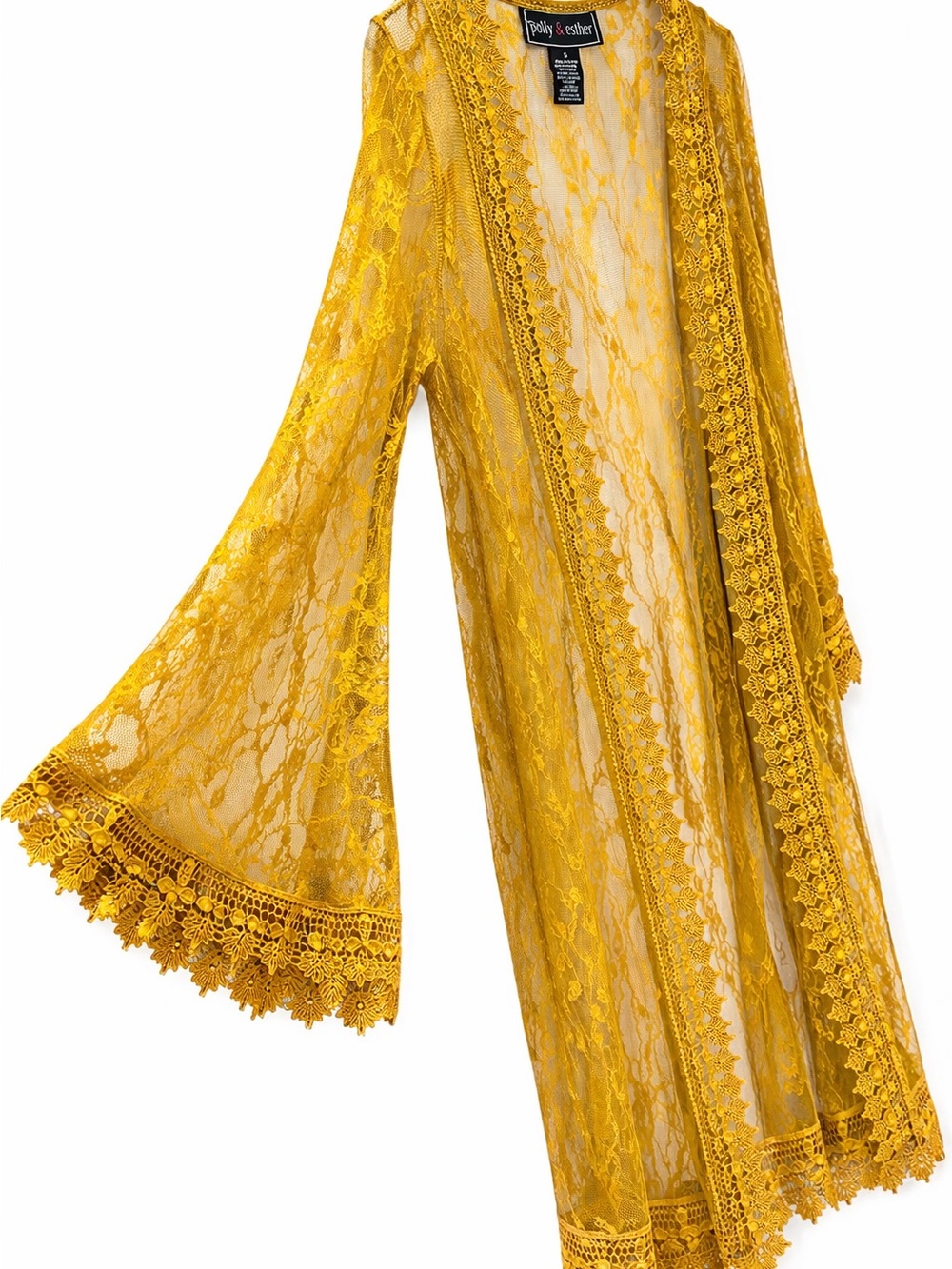 Polly & Esther Boho Lace Kimono Duster S | Gold Sheer Cardigan Longline Cover Up - Picture 4 of 6